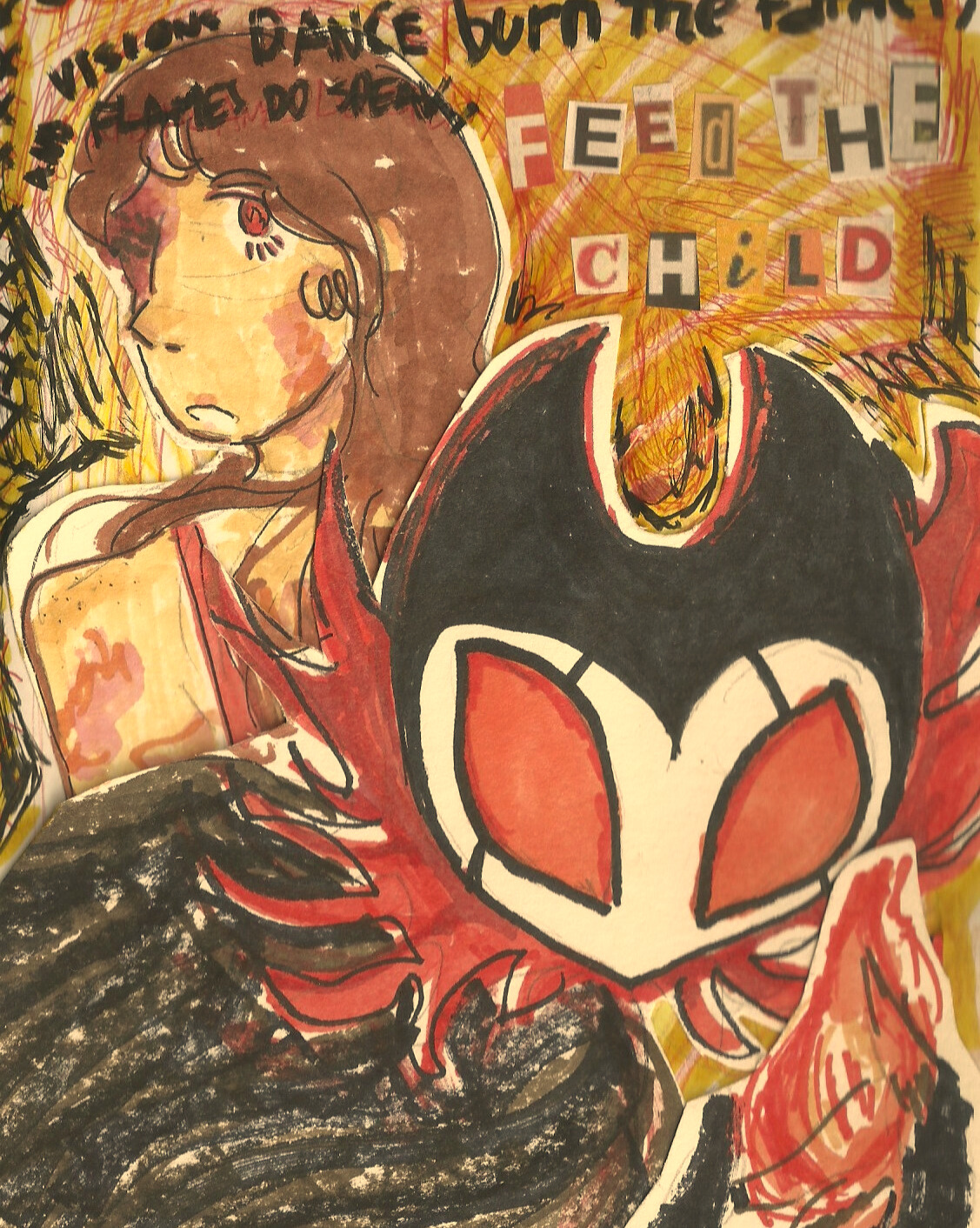 [ID: A colored traditional drawing of Grimm from Hollow Knight and Agnes Montague from The Magnus Archives. Grimm is on the first layer, holding a flame. Agnes is in the background looking at the camera. She is shown from the torso up and is wearing a sleeveless red dress. She has burnt scars on her shoulders and face. On the top of the page on of the poems of the Grimm Troupe is written: 'a spark of red lights' darkest dream / scarlet nightmares bright and wild / visions dance and flames do speak / burn the father, feed the child. It is colored with alcohol markers and the background is colored with pencils, markers and pens in red, yellow, orange and brown colors. END ID].