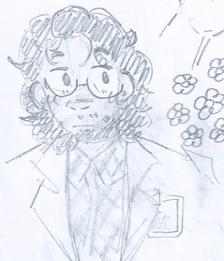 [ID: A pencil drawing of Carlos from Welcome to Night Vale. Only his face and part of his torso are shown. He's wearing glasses and a lab coat and looking sideways. END ID].