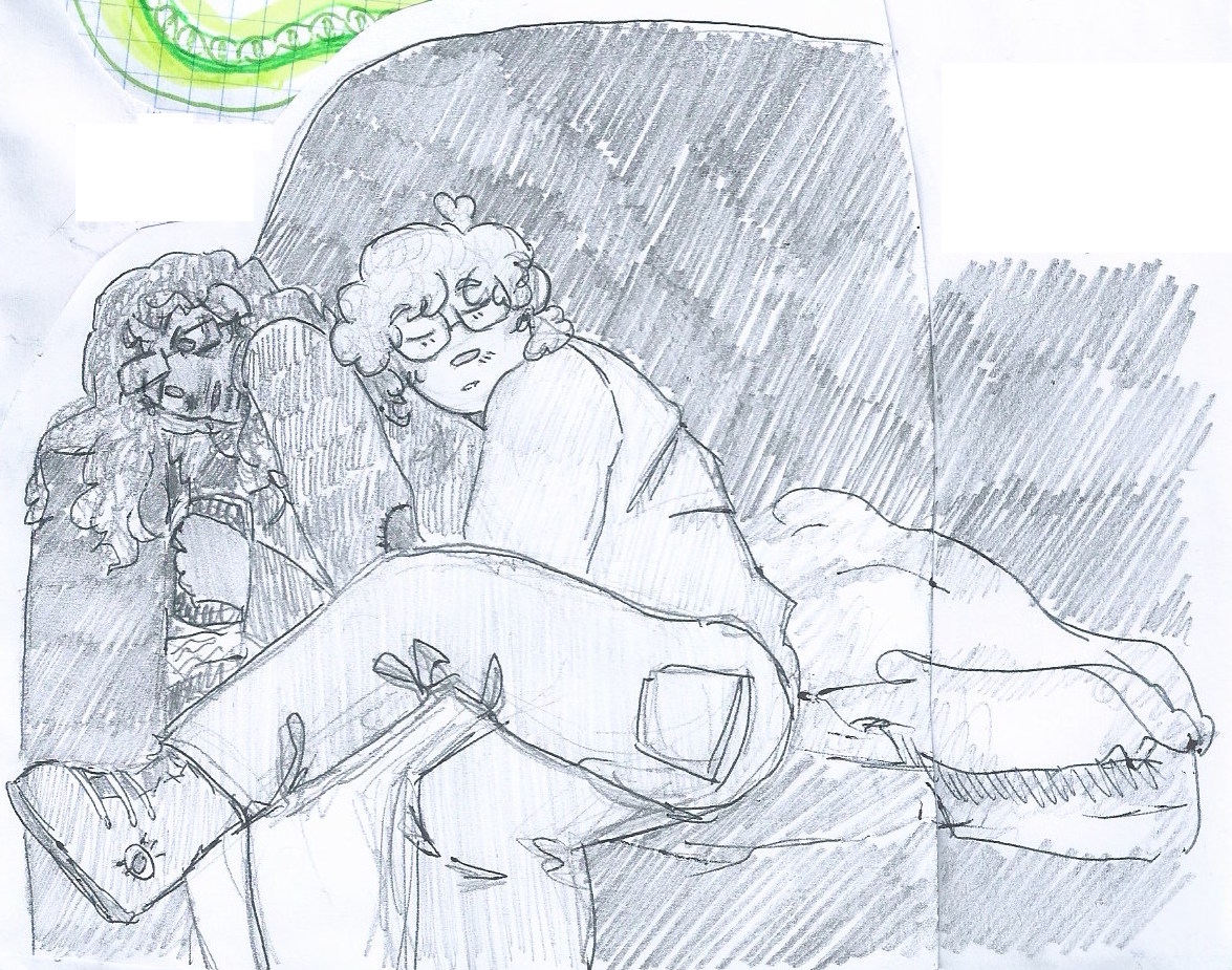 [ID: A pencil drawing of Jonathan Sims and Martin K. Blackwood from The Magnus Archives. They are drawn in a redraw of a scene of the movie Spike Island (2012), sleeping in a sofa. Martin is laying on Jon, and Jon is laying on the armwrest of the sofa holding papers in his hand. They both have glasses, and Jon's are slighly misplaced as he is laying on his face. Jon is sleeping with his eyes open. END ID]