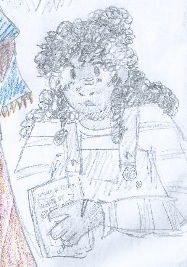 [ID: A pencil drawing of Tamika Flynn from Welcome to Night Vale. Only her face and part of her torso are shown. Her hair is half-up-half-down and she is wearing a striped shirt with an overall on top. There's a scar on her hand. She's holding a copy of Ursula K. LeGuin's «Wizard of Earthsea» and looking determined. END ID].
