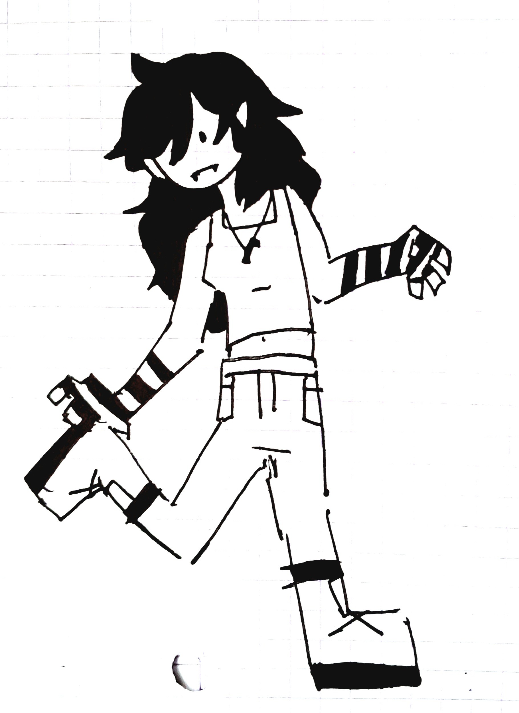 [ID: A fullbody drawing of Marceline the Vampire Queen from Adventure Time. She is facing front but looking down while she holds up her right leg with her hand on her shoe, as if adjusting her shoe. She is drawn in a black pen over graph paper, but the light exposure has been edited so that the squares can barely be seen. The same black pen has been used to color her hair and some of her clothes. END ID.]