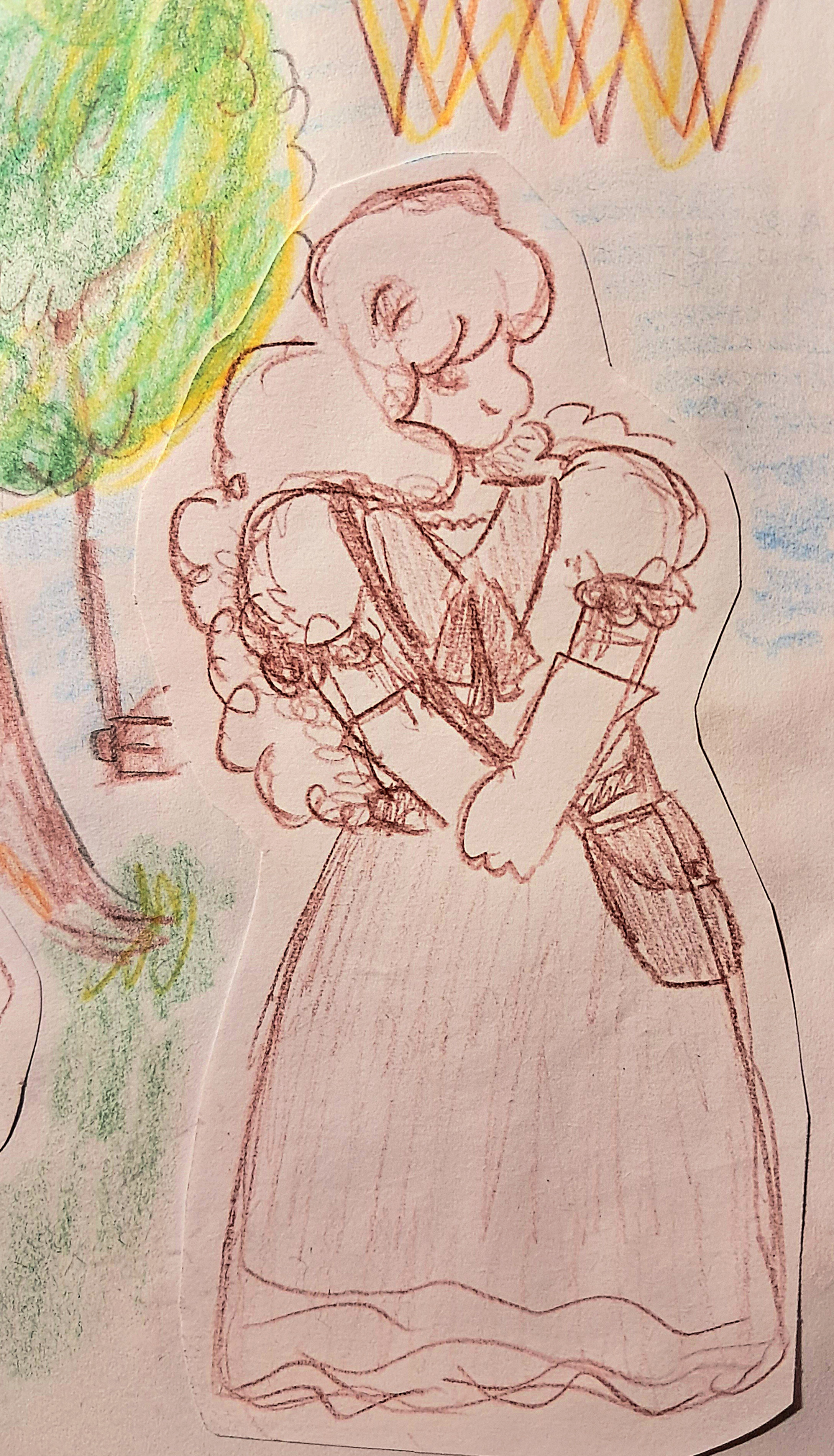 [ID: A picture of a fullbody drawing of Sapphire from Steven Universe. She's drawn with a brown pencil and the same pencil has been used to color in some parts of her clothes, hair, etc. She stands with a fancy dress and looks to her left, smiling. She has been drawn on a white paper later pasted on another white paper, and the background paper show a portion of a tree, the sky and some lines. END ID]